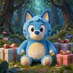 blue'snappy gifts'plush toy with smily face in magical forest, gifts, dark atmosphere, high detail, soft lighting, 8 k
