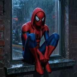 outdoors : spiderman sink in hoodie sits on windowsill, knees tucked in | rain falls at night : storyboard, scifi cyberpunk. by gabriel hardman, joe alves, chris bonura. cinematic atmosphere, detailed and intricate, perfect anatomy
