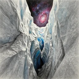 a beautiful pencil artwork of a crevice in a reflective glacier fading into a nebula at a distance, high quality, stunning, volumetric shadows, haze, master level composition
