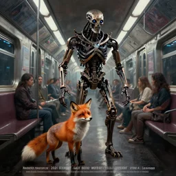 poster of half fox, half terminator, in cyberpunk subway, image from new scifi from ilm and weta digital, painted by thomas eakins