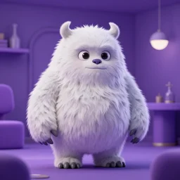 a white fur monster in a purple room