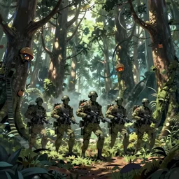 vietnam war, cyborg marines in a mutated forest, anime key visual, high detail