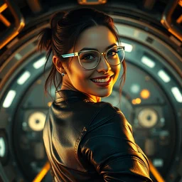 shoulder portrait of a smiling mila kunis as a cyberpunk assassin posing in leather in front of her small spaceship, cool light ar glasses, golden hour dramatic light, intricate, beautiful, steampunk, stanley lau, stanley artgerm, wlop, beeple