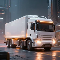 futuristic cargo truck, scifi environment, white glow, orange glow, ultra realistic, highly detailed, futuristic landscape, industrial, city, atmosphere, highlighted, cinematic, art by jan urschel and neil blevins