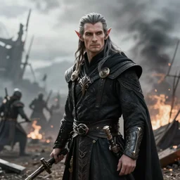 ( ( ( ( ( hyperrealist portrait of an male dark elf in wizard robes in a on a battlefield. ) ) ) ) ) by daniel f. gerhartz, fantasy, photorealistic, octane render, unreal engine, dynamic lighting, bet face, handsome drow, beautiful, perfect factions, perfect drow, trending on artstation, poster, volumetric lighting, very detailed faces, 4 k, award winning