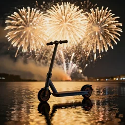 scooter techno standing in water with fireworks in background, full body, reflection in water, volumetric lighting, golden ratio
