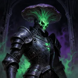 a close - up view portrait of a silhouetted supernatural fungal growth knights armor, dark knight in brutalist halls with metallic alien technology. close - up view, detailed textures. glowing green purple fog, dark black background. poison skull face, highly detailed fantasy science fiction painting by moebius, norman rockwell, frank frazetta, and syd mead. rich colors, high contrast