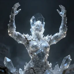 man made of crystals, arms raised, cracked surface with glow beneath, fantasy, gloomy, dark atmosphere, detailed, concept art, smooth, sharp focus, illustration, greg rutkowski