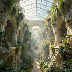 victorian hanging gardens on the slots of canyons, archways, large glass ceilings, light dust, by peter mohrbacher dan mumford craig mullins nekro, cgsociety, pixiv, volumetric light, 3 d render