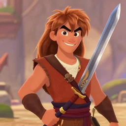 portrait of teenage conan the barbarian, smiling arrogantly. great sword. digital art. animated feature. 3 d pixar and disney!! in the style of disney pixar, moana, brave, the good dinosaur.
