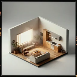 kodak portra 4 0 0, photographic and realistic, a cutaway of a house showing the living room and kitchen, a digital rendering by leandro erlich, featured on shutterstock, modular constructivism, photoillustration, stockphoto, isometric, octane render, unreal engine, 4 k, artstation, hyper realistic, wide angle, 3 5 mm, sharp focus, soft light, volumetric light fog, in the style of gregory crewdson