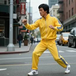 bruce lee in yellow adidas tracksuit running with nunchaku cinematic photo in streets of seattle
