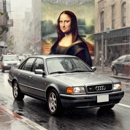 leonardo davinci drawing of a driving Audi A80 B4 in a city, on a rainy day in new york