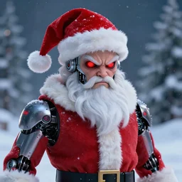 portrait of santa, cyborg, angry, red glowing eyes, christmas snow, artstation, by greg rutkowski