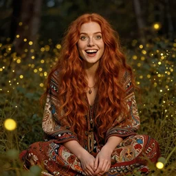 a totally amazed smiling modern looking young woman surrounded by golden firefly lights in a mesmerizing scene, sitting amidst nature fully covered! intricate detailed bohemian outfit, long loose red hair, precise linework, accurate green eyes, small nose with freckles, beautiful smooth oval head, expressive emotions, hyper realistic ultrafine portrait by artemisia gentileschi, jessica rossier, greg rutkowski