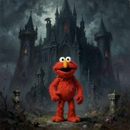 elmo standing in front of a huge dark gothic castle possessed by a demon, highly detailed oil painting dan seagrave art