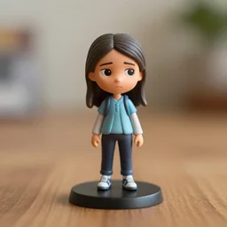 greta thunberg figurine by pixar sad bokeh on wooden table.