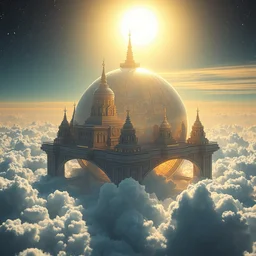 futuristic heavenly solarpunk city in the galaxy, highly detailed, temples on the clouds, one massive perfect sphere, bright sun magic hour, digital painting, solid cube of light, hard edges, artstation, concept art, sharp focus, illustration, 8 k highly detailed, ray traced