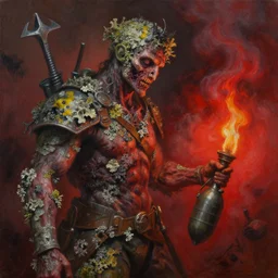 fine art oil painting varied lichen, weaponized in necrotized faciitus, sputum tools, final battle failure, red mustard gas fog, by alex nino, walt peregoy, 1 9 6 9 high resolution, hyper detailed, cinematic, ornate masterpiece, torch light