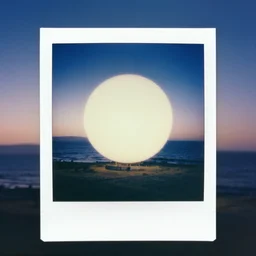 a Polaroid of a massive mysterious white orb floating above the coasts of California at twilight