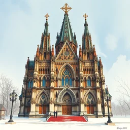 cathedral in flamboyant gothic architecture style. highly detailed, digital painting, watercolor, soviet realism, engraving, artstation, concept art, smooth, sharp focus, vivid grunge, manga, illustration, unreal engine 5, 8 k, art by bilibin and kuvshinov and malevich and mucha