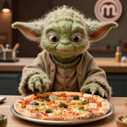 A still of Yoda making a pizza in Masterchef, 4k, photograph, ultra realistic, highly detailed, professional lighting