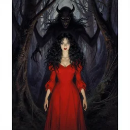 in the style of edmund dulac, full body, pretty alyson hannigan, evil dead demon, evil dead movie, redl dress, symmetrical eyes, edmund dulac, symmetrical face, long curly black hair, trees, forest, branches, cinematic lighting, evil dead creature, scary