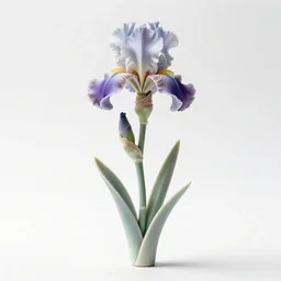 porcelain figurine iris flower, clean 3d render, full body, isolated on a pure white background, centered, entire subject in frame, sharp focus, soft studio lighting