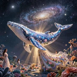 enormous glimmering whale tale, flowing dress, flowers, cosmos, milky way galaxy, golden hour, god rays, coral reef, dreamscape by artgerm and ruan jia and ismail inceoglu and greg olsen, masterpiece, beautiful, intricate, elegant, highly detailed