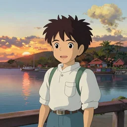 a bright, cute ghibli painting of Lahaina Maui harbor at sunset, beautiful lighting, in the style of studio ghibli, artwork by Hayao Miyazaki and Isao Takahata, highly detailed, 8K, smooth, cinematic, vibrant colors, trending on artstation, japanese animation, stunning artistry and soaring imagination
