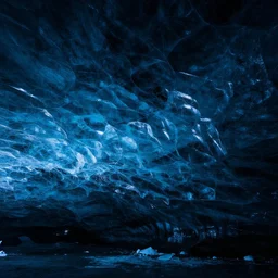 massive ice cave, transparent smooth ice, blue ice, dark, surreal,