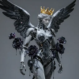 beautiful robot with a gold crown by alex grey flowers dripping black iridescent liquid, winged victory, moody, dramatic, introspective, transcendent, vibrant color, clean linework, finely detailed, 4 k, trending on artstation, photorealistic, volumetric lighting, octane render