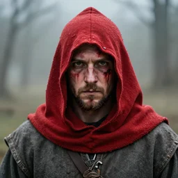medieval man wearing a red sack over his head, bloody, looking at the camera