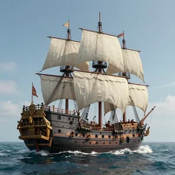 A highly detailed matte painting of a huge pirate ship in the ocean , volumetric lighting, octane render, 4K resolution, trending on artstation