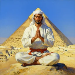 a portrait of an arabic style kung fu - warrior meditating on top of a pyramid overlooking the ancient city painted by anders zorn