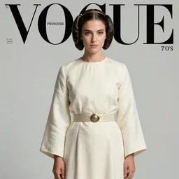 princess leia fashion in the 7 0's. studio photo. vogue magazine cover with text. highly detailed