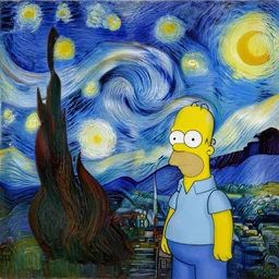 painting of a starry night sky with homer simpson in a village, art by vincent van gogh