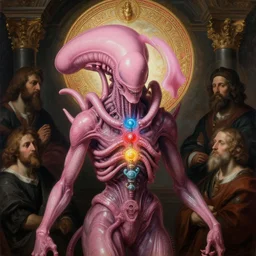 pink xenomorph human hybrid chakras saint icon ornate halo religious painting by yoshu hashimoto chikanobu, baroque portrait painting, detailed octane render trending on artstation artgerm, 8 k artistic photography, volumetric cinematic perfect light, chiaroscuro, masterpiece, raphael, caravaggio, beksinski, rutkowski, giger