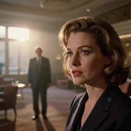 photorealistic close up shot cinematography of a beautiful woman with twilight zone host rod serling in the background shot on film at magic hour with the sun shining into a large 6 0's hotel lobby room filled with volumetric haze by the shining cinematographer john alcott on a cooke panchro 6 5 mm macro lens.