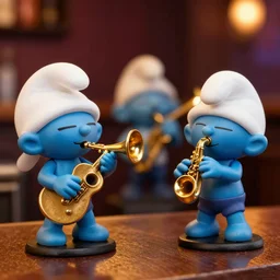smurf figurines playing musical instruments in a jazz bar