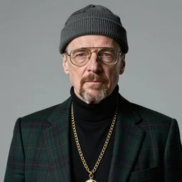 Walter White with aviators and a grey beanie while wearing a black turtleneck and plaid green blazer with golden chains around his neck, Realistic, Hyperrealistic, HD Quality, 4k Resolution, 8k Resolution, Detailed, Very Detailed, Highly Detailed, Studio Quality Lighting, Real Life, Portrait, Photograph