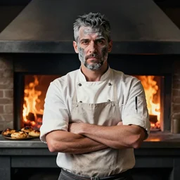 portrait of a proud chef cook, face covered in ashes, posing in front of oven in fire, burned pastries, high quality picture