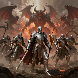 paladins in plate armor riding into hell, fighting demons, hellscape, digital art