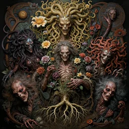 the platonic ideal of flowers and roots of cletus kasady ultimate carnage dementor doctor doom gorgon chtulu nazgul, medusa detailed, intricate, hyperrealism, intense, scary, decay, dmt, art by brock hofer and artgerm and greg rutkowski and alphonse mucha