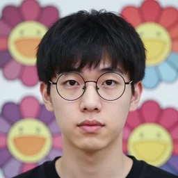 portrait image of a cute androgynous young man with black hair and circular glasses, clean shaven, trending on artstation, facial symmetry, by beeple, by hirohiko araki, by takashi murakami, soft lighting, post processing, blur
