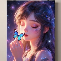 acrylic close pixar head potrait of an cute teenage woman with butterfly in hand, fine details, radiant highlights, synthwave futuristic galaxy style shaded lighting poster by ilya kuvshinov, katsuhiro, artgerm, jeremy lipkin, michael garmash, nixeu, unreal engine 5, radiant light, detailed and intricate environment, eyes closed