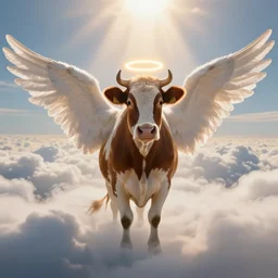 a photograph of an angel cow with halo and angel wings in heaven, god rays, breathtaking clouds