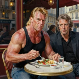 painting of the wwf wrestler hulk hogan having lunch outside a parisian cafe with paul simon by emile friant