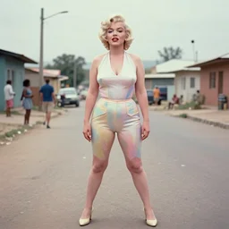 still from music video of marilyn monroe from die antwoord standing in a township street, street fashion clothing,! haute couture!, full figure painting by martine johanna, njideka akunyili crosby, rossdraws, pastel color palette, 2 4 mm lens