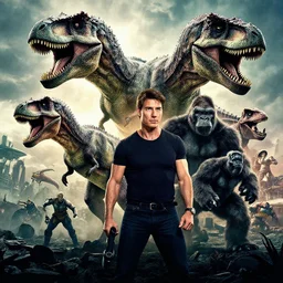 movie Poster Tom cruise vs carnivore dinosaur, raptor, Tyrannosarus Rex, from kong skull Island (2017), from jurassic World (2015), from pacific rim (2013) from King kong (2005), trex from godzilla (2014), from guardians of the galaxy, from transformers, cgsociety, ArtStation, by Frank frazetta, by drew struzan, alosaurus, spinosaurus, velociraptor